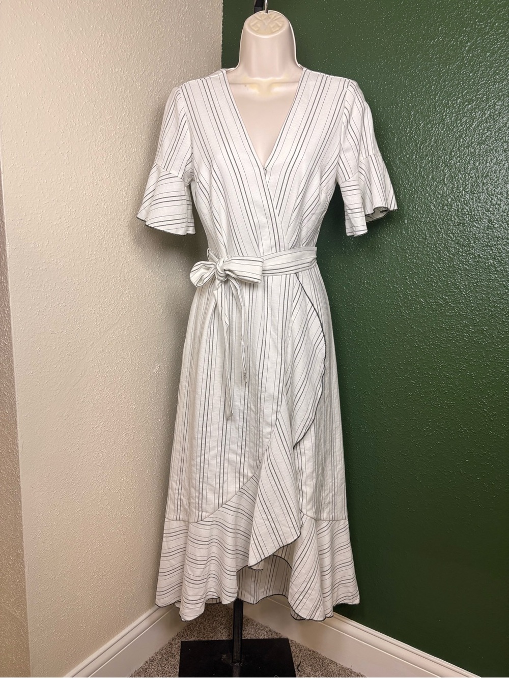 White Striped Wrap Midi Dress with Tie Waist and Ruffled Hem